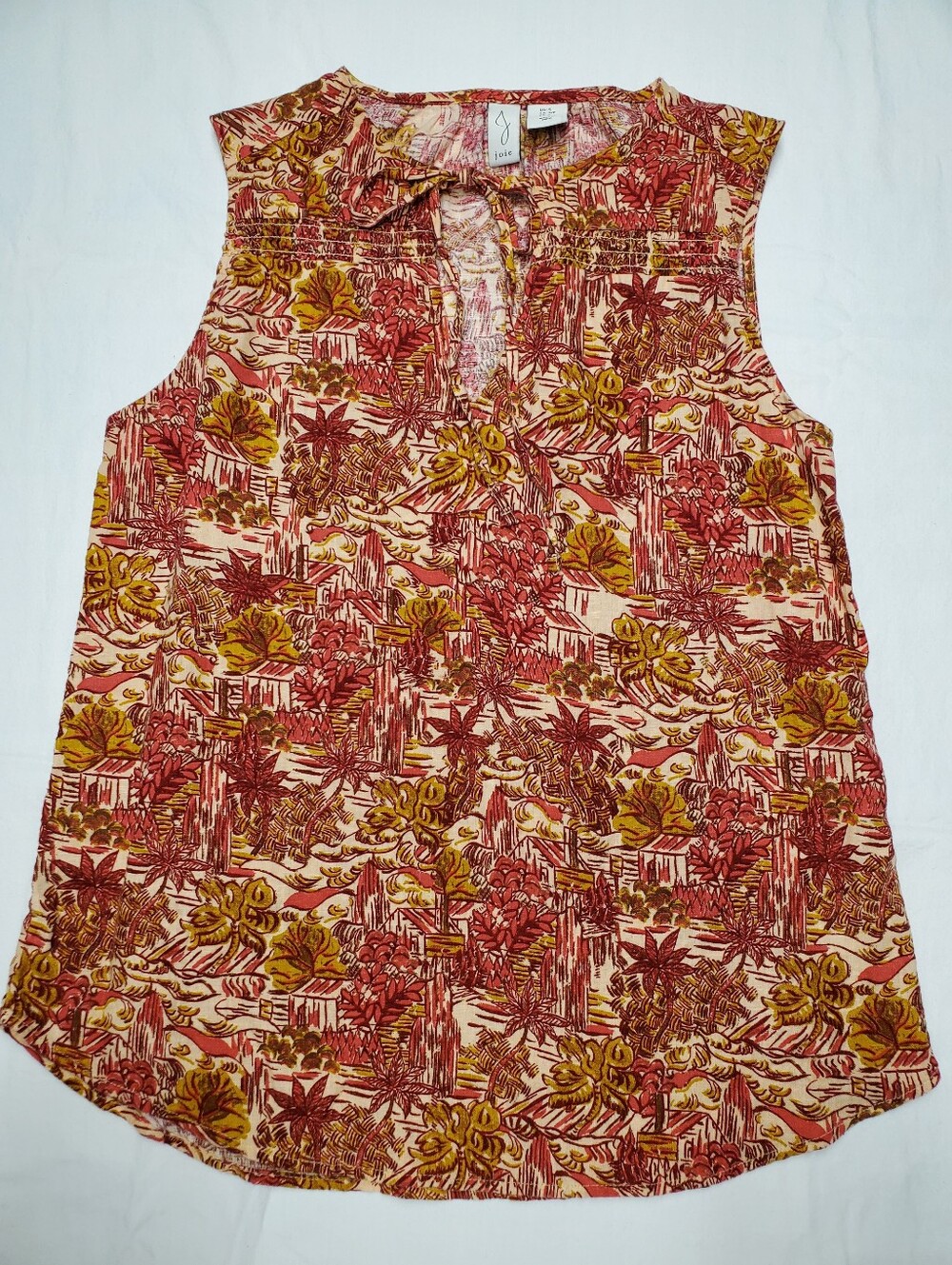 Joie Womens S Tropical Print Linen Blend Tie Neck Sleeveless Top Rust